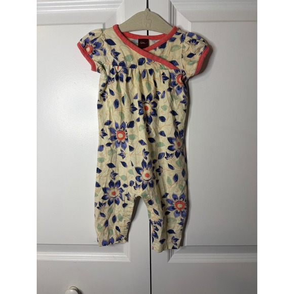 Tea Collection Other - Tea Collection Baby Girl Floral Cotton Romper Cream Pink Blue 0-3 Months